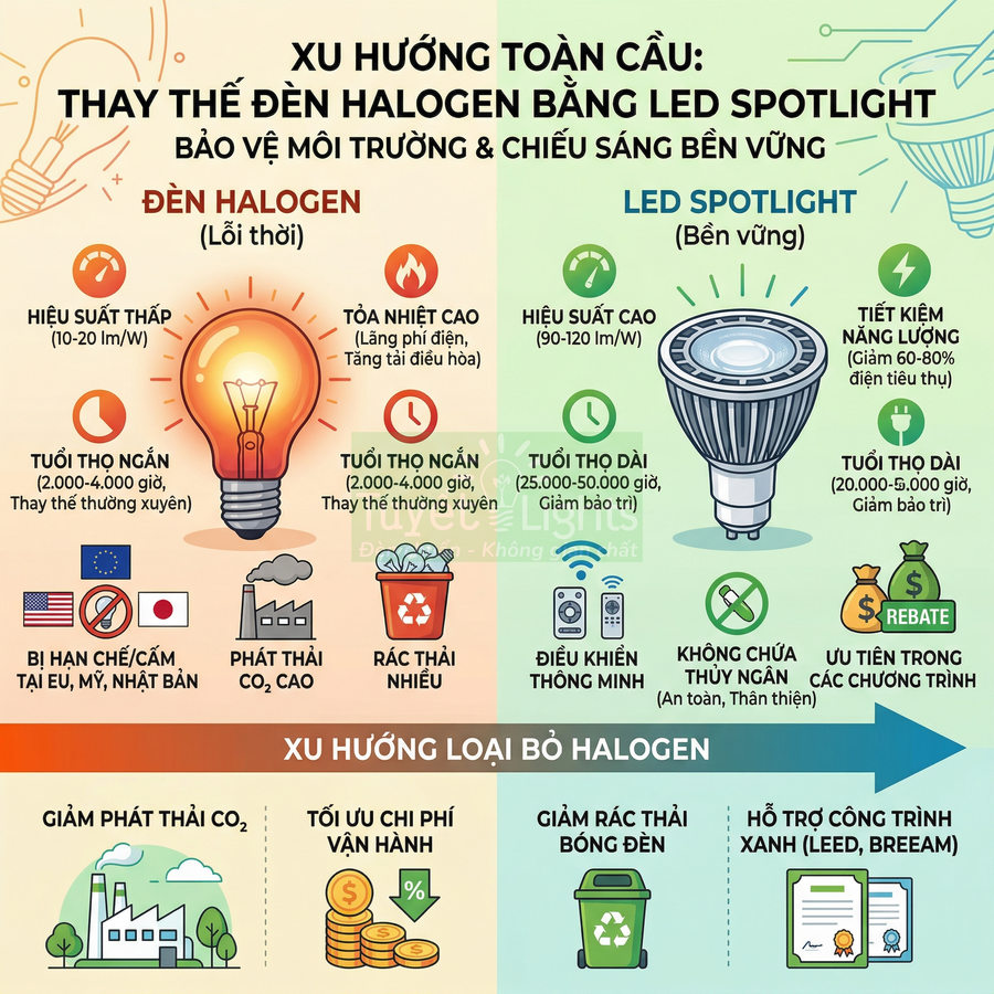 So sánh đèn halogen và đèn LED spotlight về hiệu suất, tuổi thọ, tiết kiệm năng lượng và lợi ích môi trường