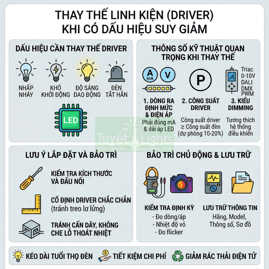 Infographic hướng dẫn thay thế driver đèn LED Tuyết Lights, dấu hiệu hỏng, thông số kỹ thuật và lưu ý lắp đặt bảo trì