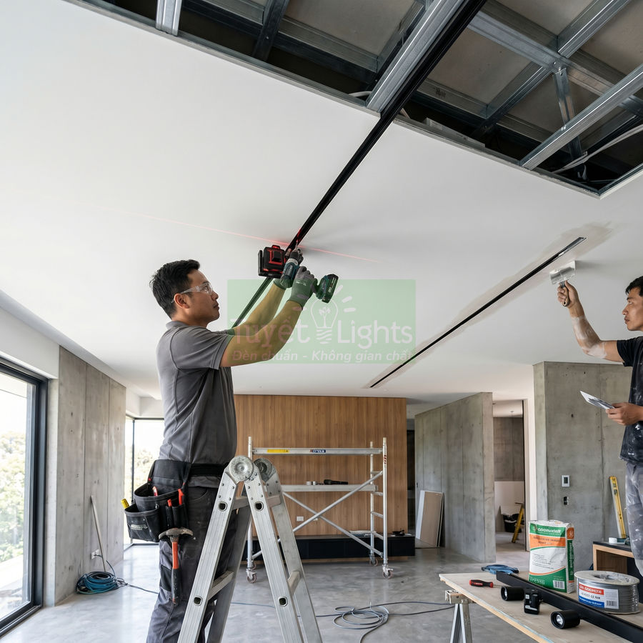 Thợ điện lắp đặt hệ thống đèn rọi ray âm trần trong phòng khách hiện đại đang thi công hoàn thiện trần nhà