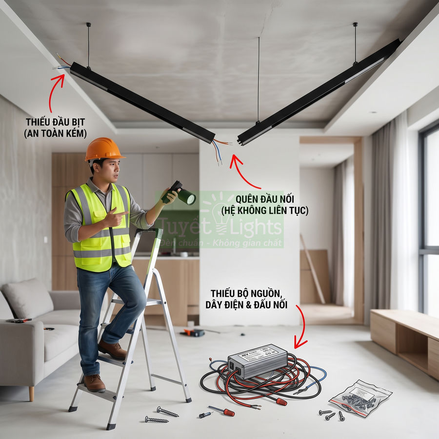 Thợ điện lắp đặt đèn led thanh trần nhà, bên dưới là bộ nguồn và dây điện chưa đấu nối