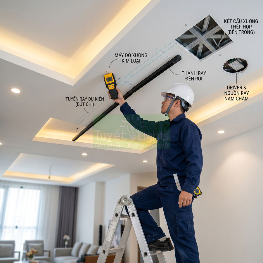 Thợ điện lắp đặt thanh ray đèn rọi nam châm trên trần thạch cao phòng khách hiện đại