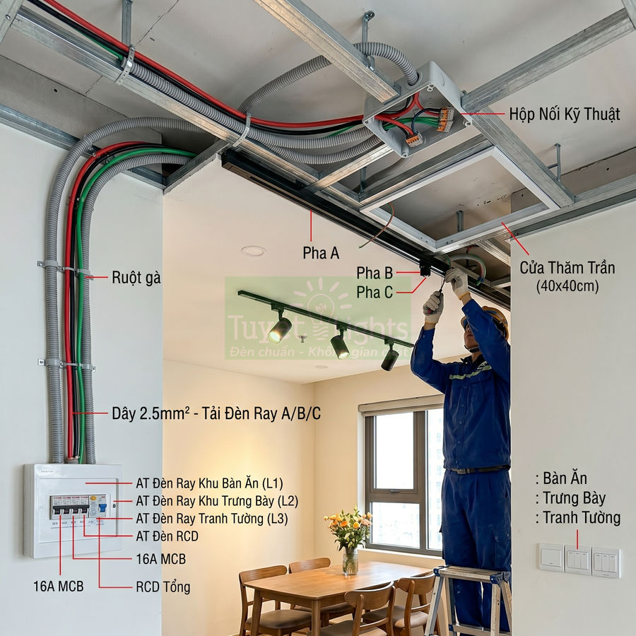 Thi công lắp đặt hệ thống đèn ray chiếu sáng trần nhà và tủ điện âm tường trong phòng ăn hiện đại