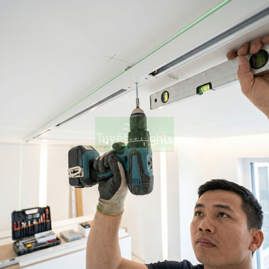 Thợ thi công dùng máy khoan cầm tay bắt vít thanh ray đèn âm trần trong nhà