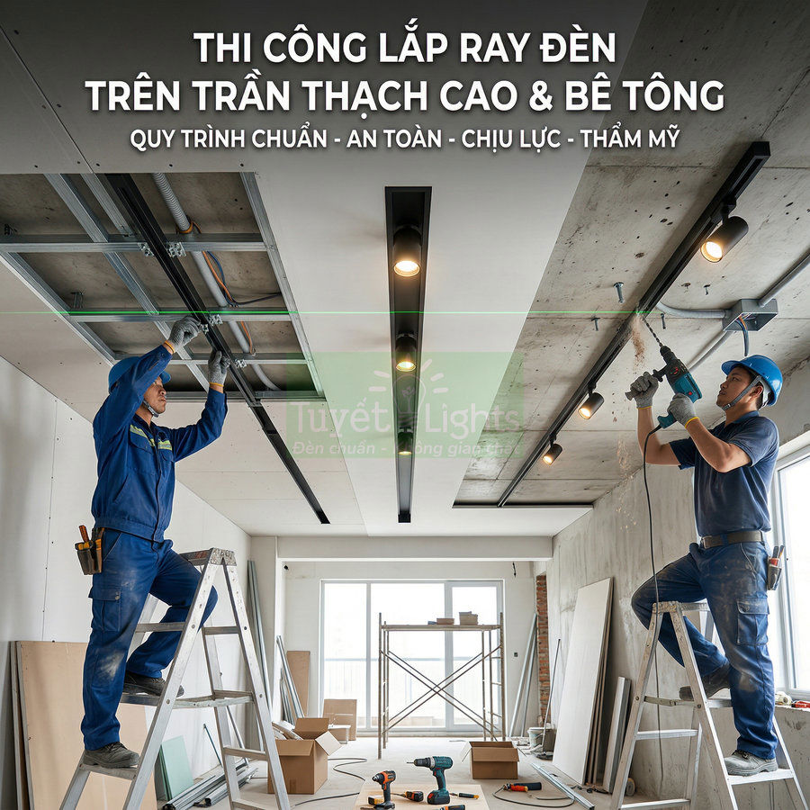 Thi công lắp đặt ray đèn chiếu sáng trên trần thạch cao và bê tông trong căn hộ đang xây dựng