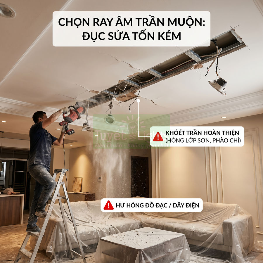 Thi công khoét trần thạch cao lắp ray âm trần gây bụi bẩn, hư hỏng nội thất và hệ thống điện