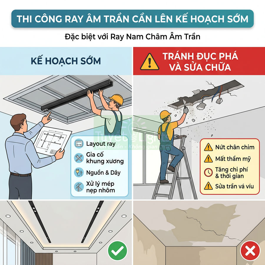 Thi công ray nam châm âm trần đúng kế hoạch giúp trần nhà đẹp, tránh đục phá và thấm nước