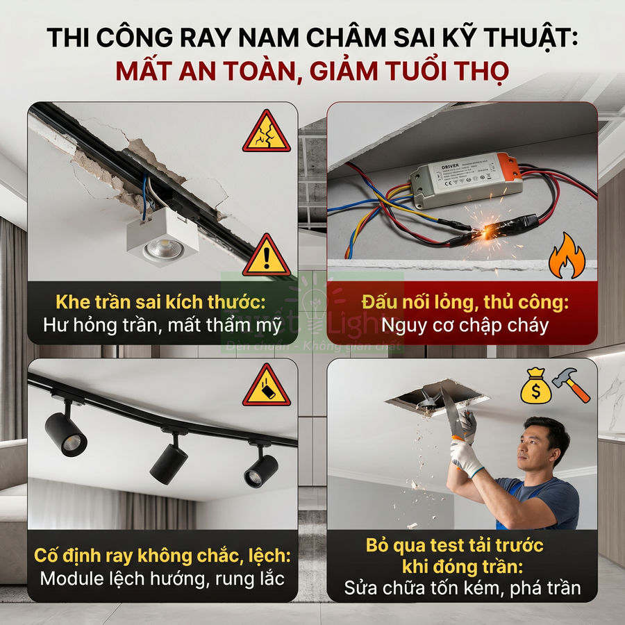 Cảnh báo các lỗi thi công ray nam châm đèn trần như khe trần sai, đầu nối lỏng, ray lệch và bỏ qua test tải