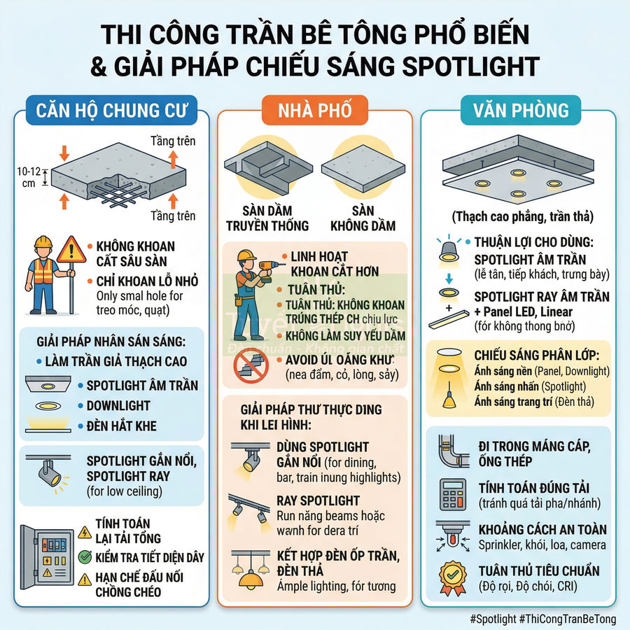 Infographic hướng dẫn thi công trần bê tông và giải pháp chiếu sáng spotlight cho căn hộ, nhà phố, văn phòng