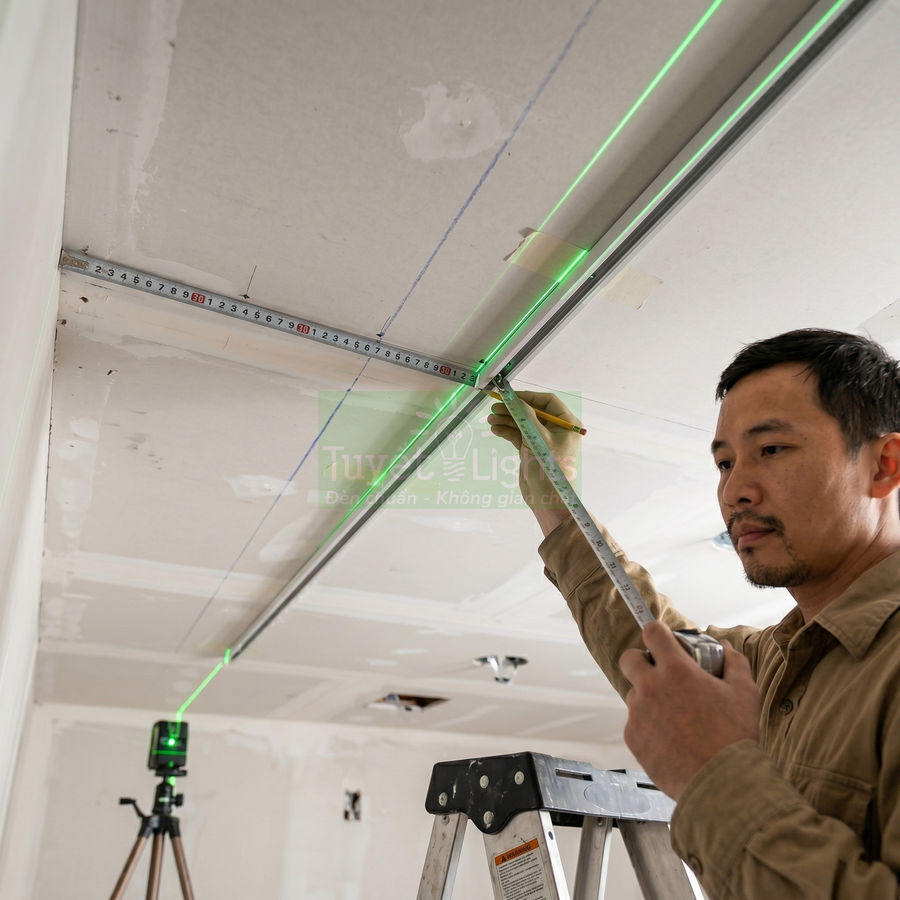 Thợ xây dùng máy cân bằng tia laser xanh để đo và lắp đặt khung trần thạch cao