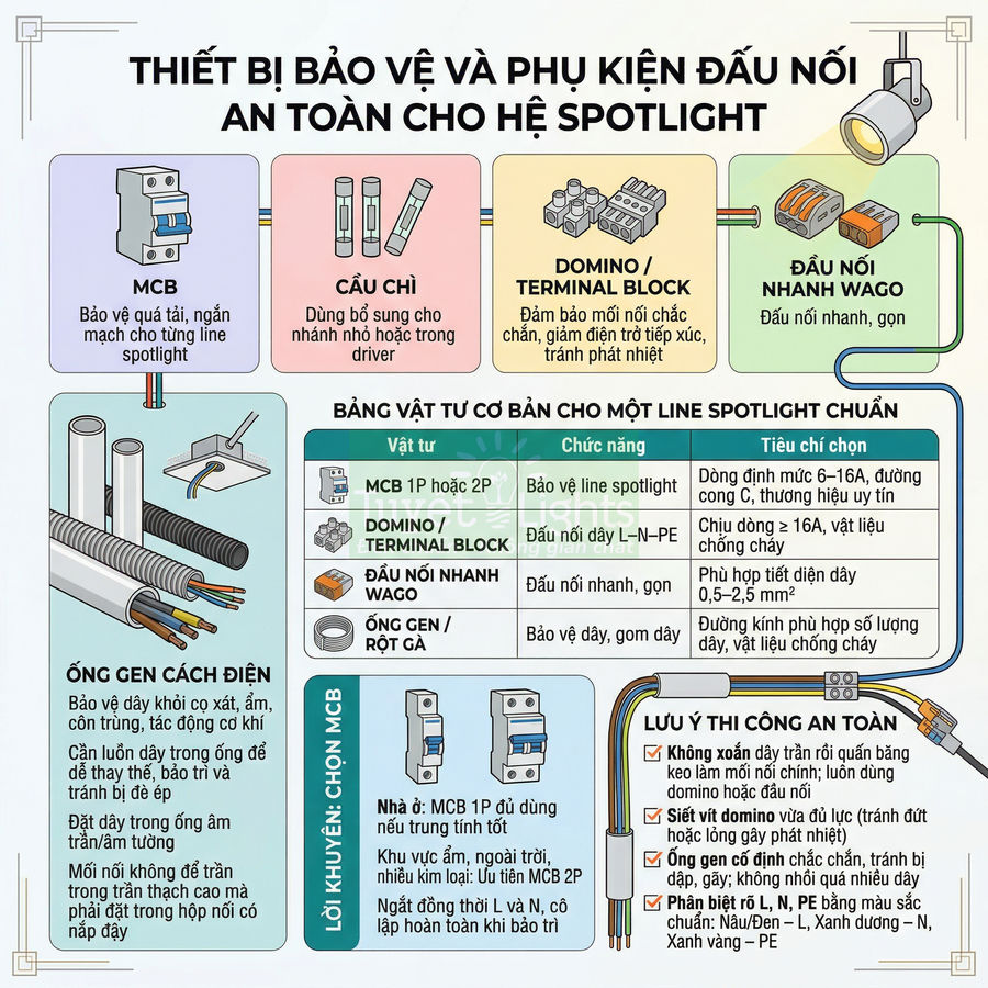 Thiết bị bảo vệ và phụ kiện đấu nối an toàn cho hệ đèn spotlight, gồm MCB, cầu chì, domino, đầu nối nhanh Wago