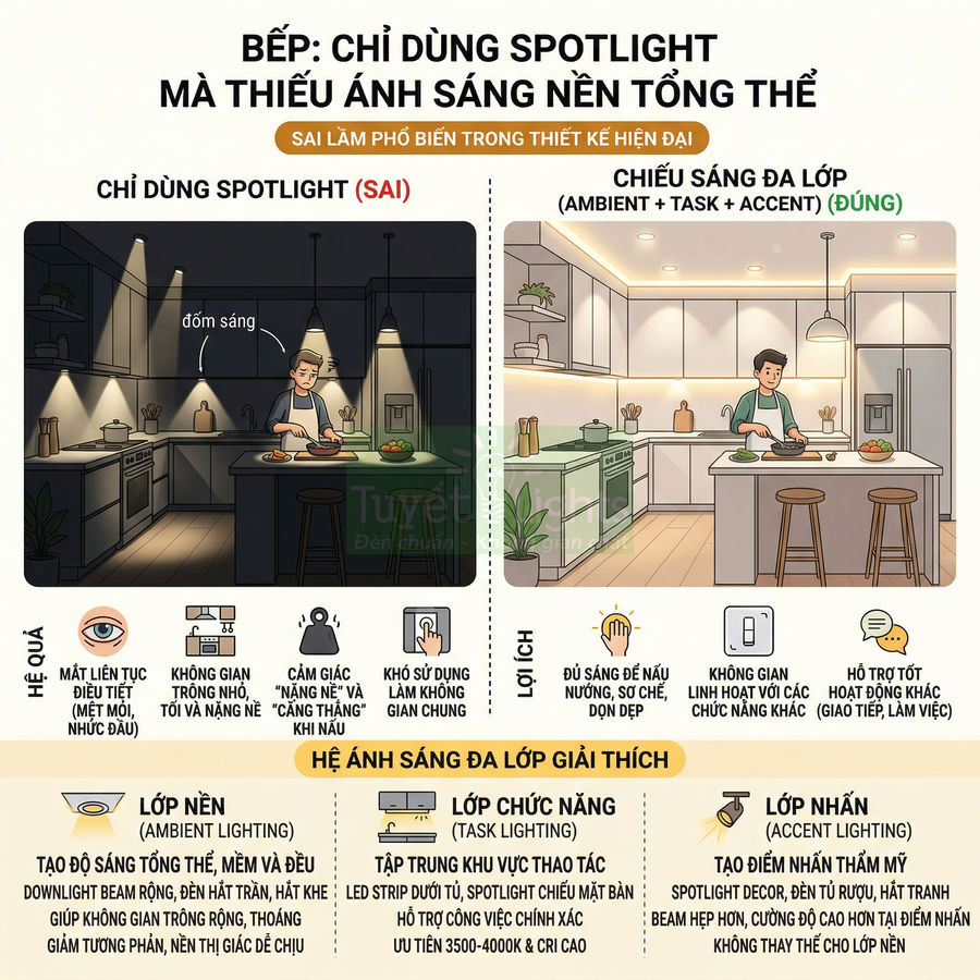 Minh họa so sánh thiết kế đèn spotlight đơn lẻ và hệ chiếu sáng đa lớp cho không gian bếp hiện đại