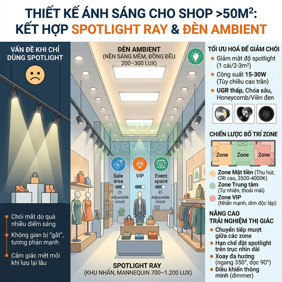Thiết kế ánh sáng shop thời trang với đèn spotlight ray và đèn ambient cho không gian trưng bày quần áo, mannequin