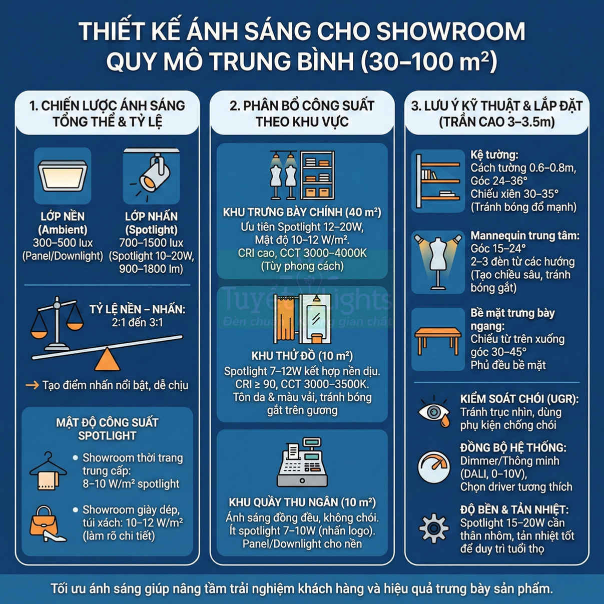 Hướng dẫn thiết kế ánh sáng showroom quy mô trung bình 30–100 m2 với phân bổ đèn nền và spotlight chi tiết