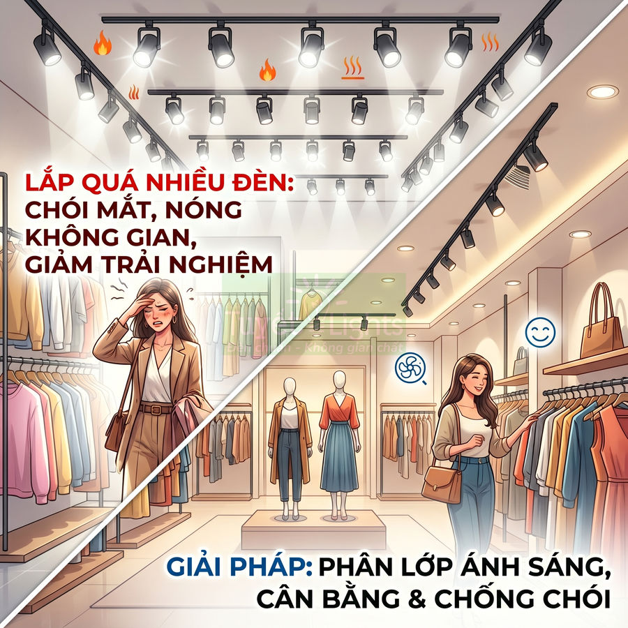 So sánh cửa hàng thời trang lắp quá nhiều đèn gây chói nóng với giải pháp chiếu sáng phân lớp cân bằng chống chói