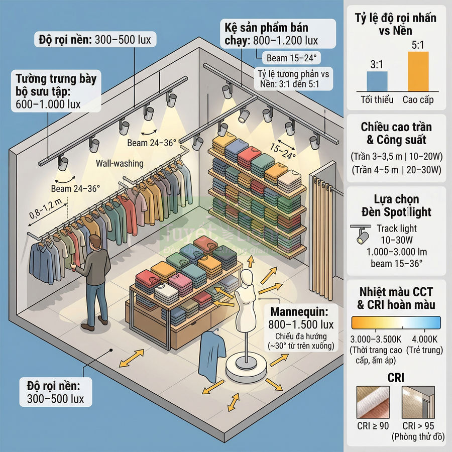 Minh họa bố trí đèn spotlight chiếu sáng quần áo, kệ trưng bày và mannequin trong cửa hàng thời trang