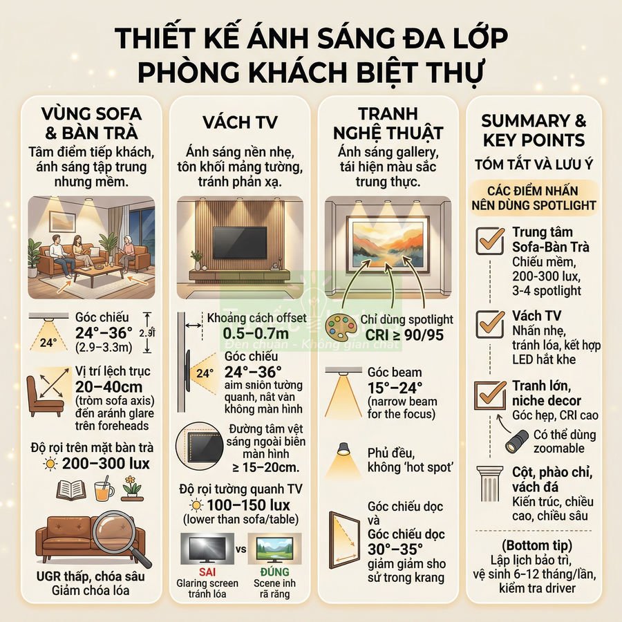 Infographic hướng dẫn thiết kế ánh sáng đa lớp cho phòng khách biệt thự với spotlight cho sofa, vách TV và tranh nghệ thuật