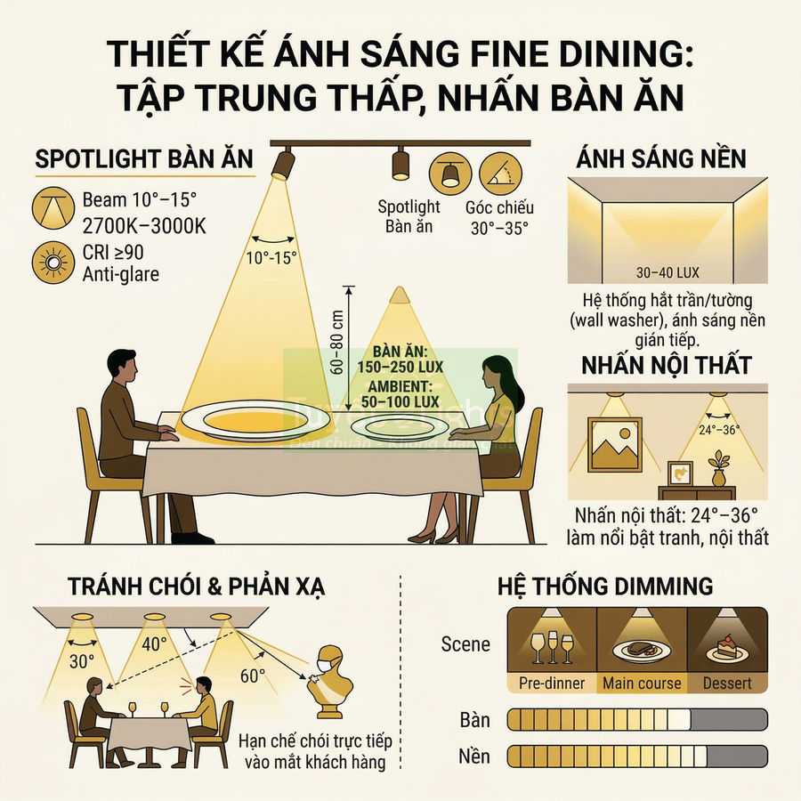 Minh họa thiết kế ánh sáng fine dining với spotlight bàn ăn, ánh sáng nền và hệ thống dimming cho nhà hàng