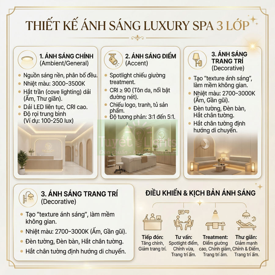 Thiết kế ánh sáng luxury spa 3 lớp với ví dụ bố trí đèn trần, đèn điểm và đèn trang trí trong phòng spa
