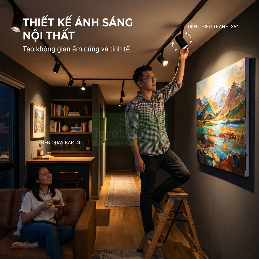 Đèn rọi ray nội thất chiếu tranh và quầy bar tạo không gian phòng khách ấm cúng