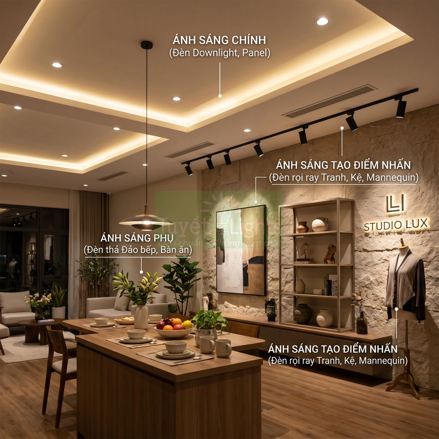 Không gian bếp và phòng khách hiện đại sử dụng hệ thống đèn downlight, đèn thả và đèn rọi ray trang trí