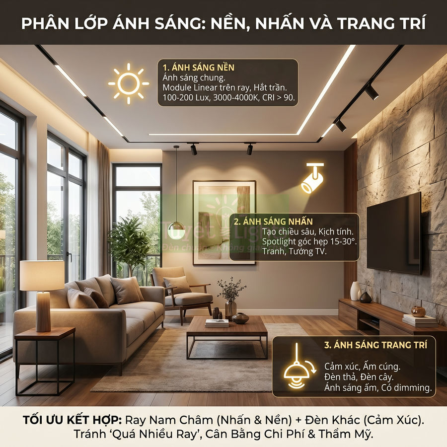 Phòng khách hiện đại với hệ thống đèn ray nam châm, đèn spotlight và đèn trang trí tạo lớp ánh sáng nền nhấn trang trí