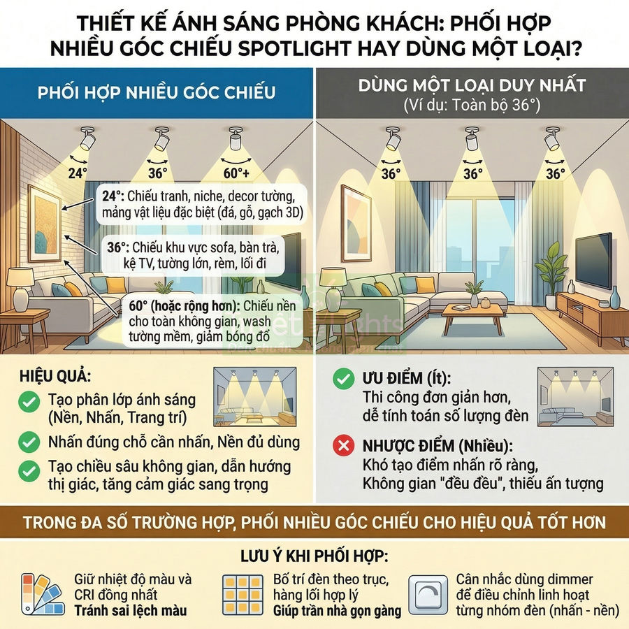 Infographic so sánh thiết kế ánh sáng phòng khách dùng nhiều góc chiếu spotlight và dùng một loại duy nhất