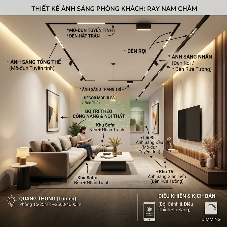 Thiết kế ánh sáng phòng khách hiện đại với hệ thống đèn ray nam châm và đèn rọi trần