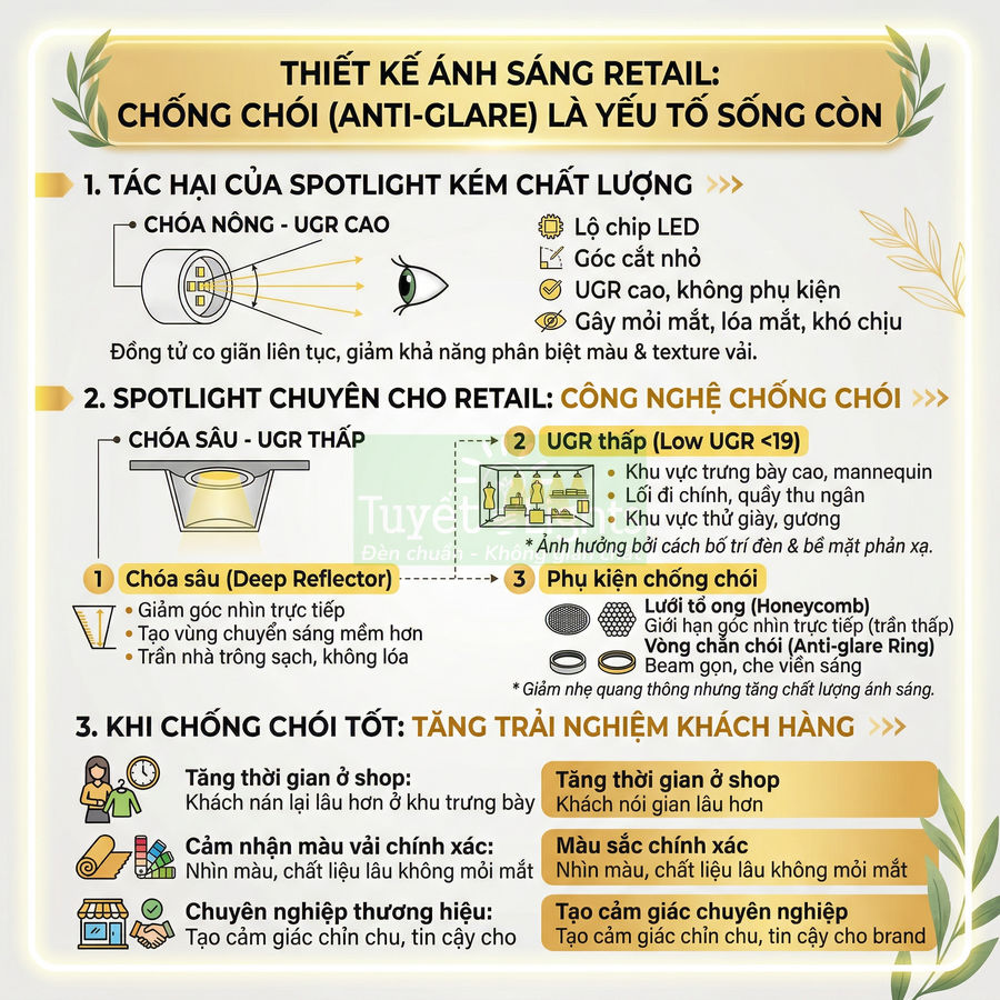 Infographic giới thiệu spotlight chống chói anti glare cho cửa hàng retail, nêu tác hại UGR cao và lợi ích ánh sáng chuẩn
