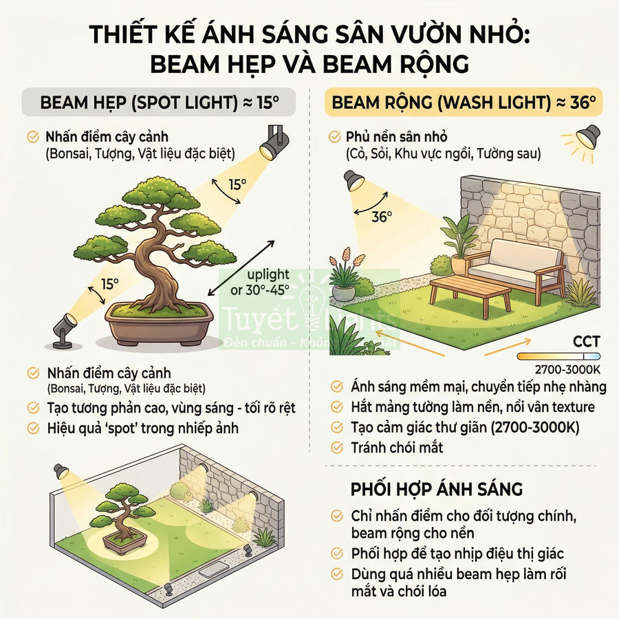 Minh họa thiết kế ánh sáng sân vườn nhỏ với đèn beam hẹp chiếu bonsai và đèn beam rộng chiếu nền tường, ghế gỗ