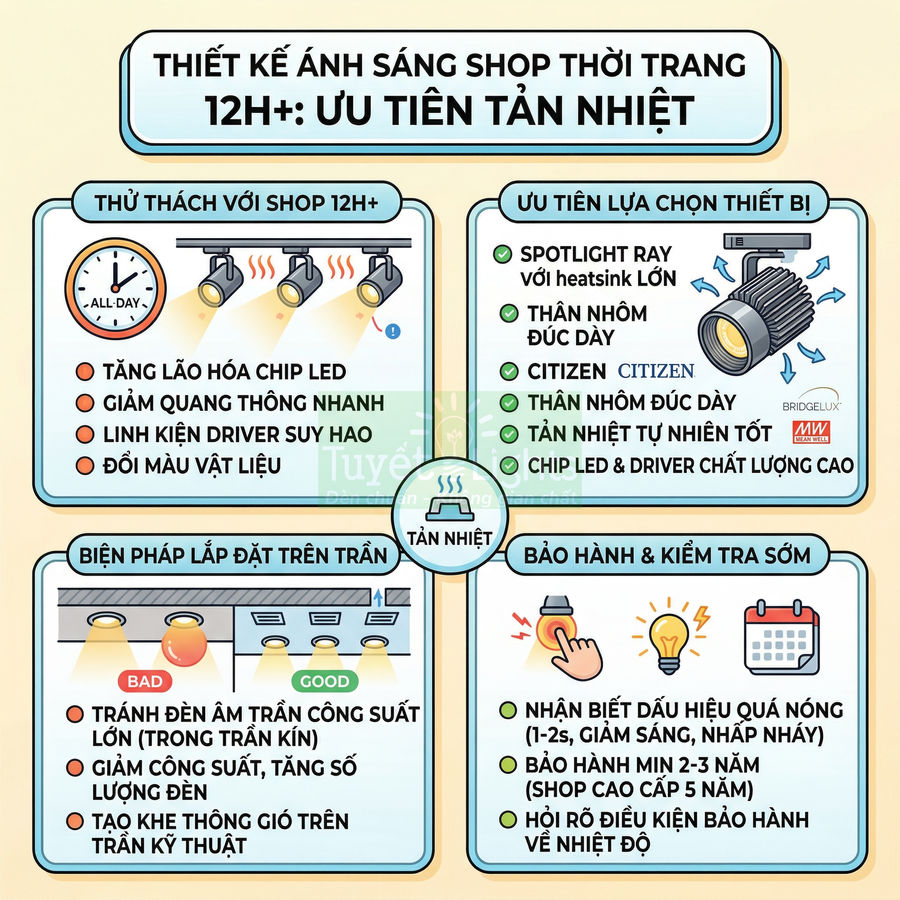 Hướng dẫn chọn và lắp đặt đèn LED spotlight tản nhiệt tốt cho shop thời trang mở cửa trên 12 giờ