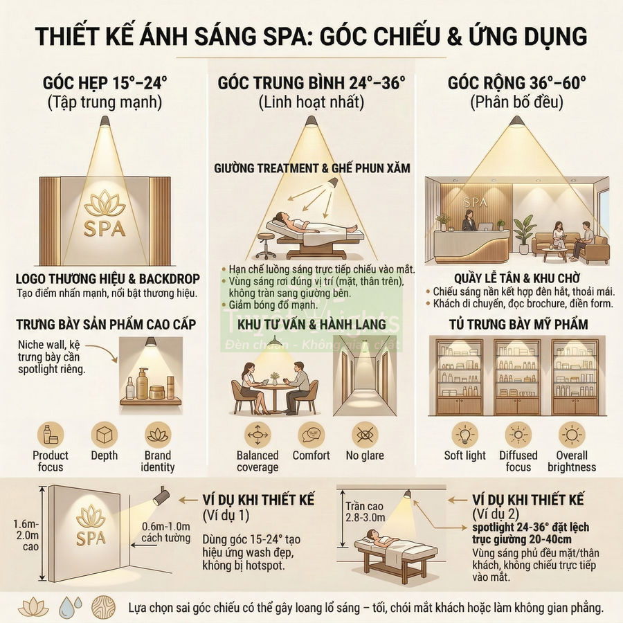 Thiết kế ánh sáng spa với các góc chiếu khác nhau cho logo, giường treatment, quầy lễ tân và tủ trưng bày mỹ phẩm