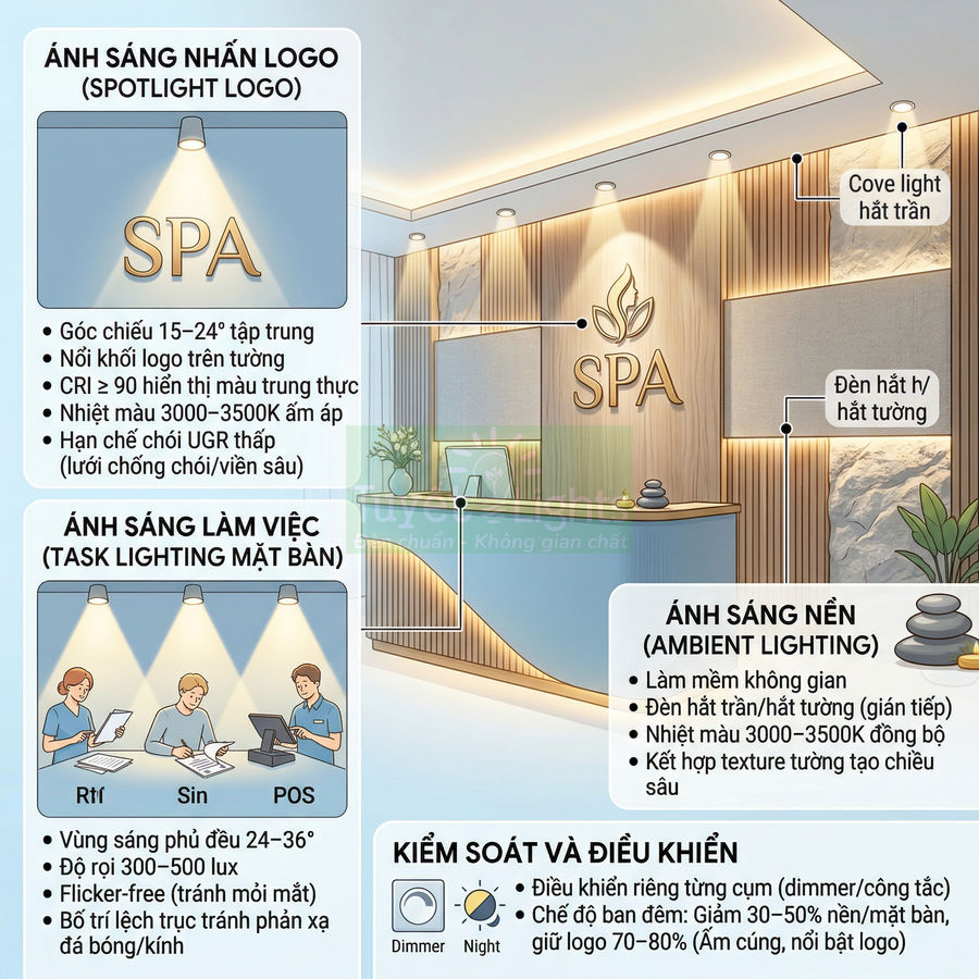 Minh họa thiết kế ánh sáng spa với đèn spotlight logo, đèn làm việc quầy lễ tân và đèn nền hắt trần tường