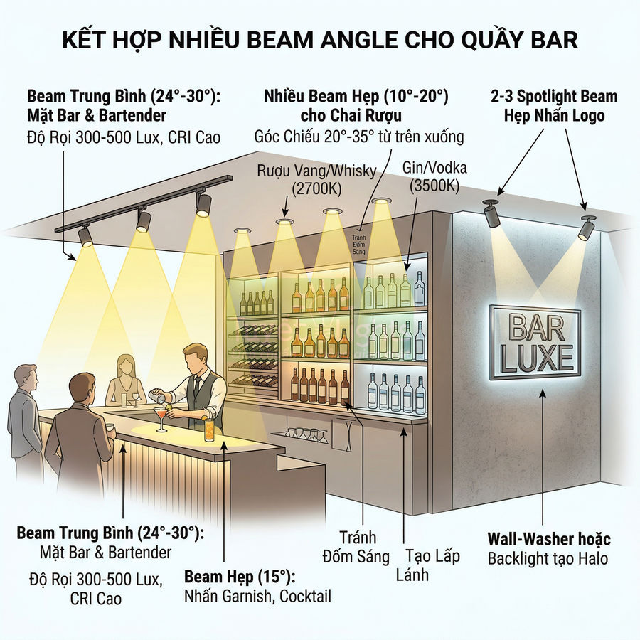 Minh họa thiết kế chiếu sáng quầy bar với nhiều loại đèn spotlight và wall washer cho chai rượu và logo BAR LUXE