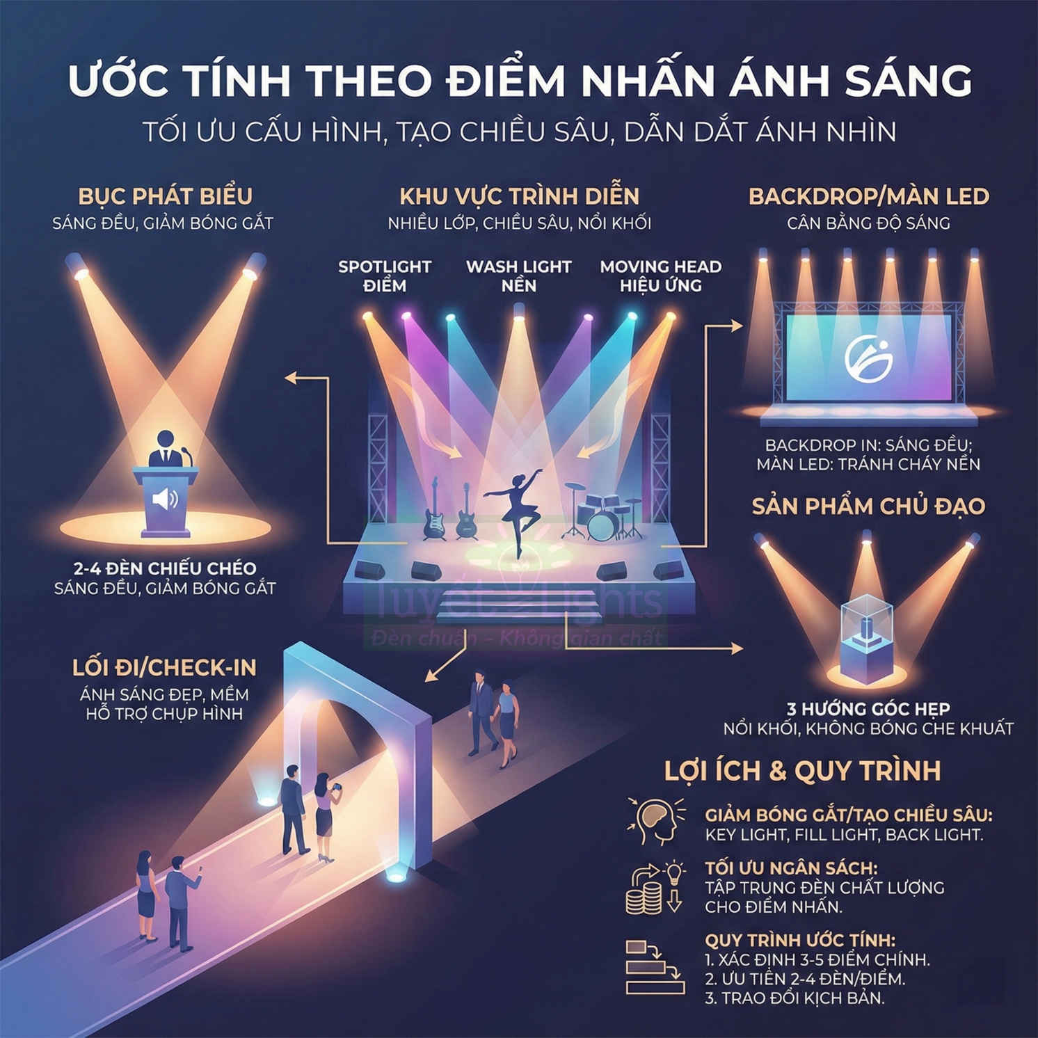Minh họa bố trí hệ thống đèn sân khấu sự kiện với bục phát biểu, khu vực trình diễn và lối đi check in