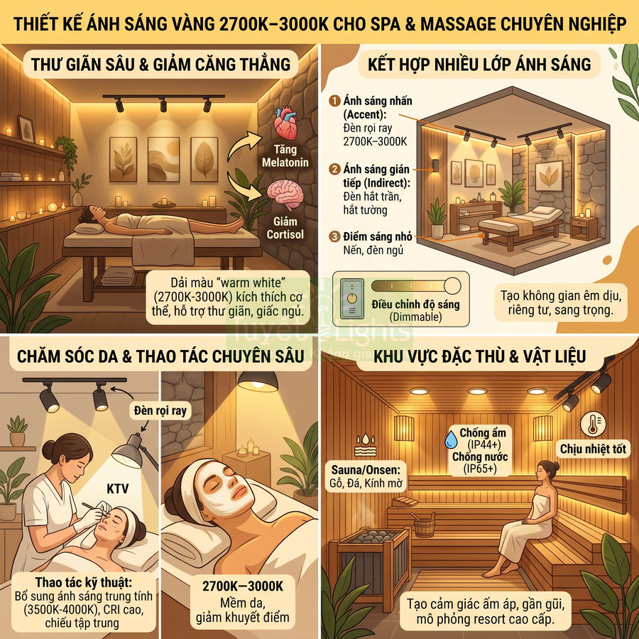 Thiết kế ánh sáng vàng 2700K 3000K cho phòng spa massage chuyên nghiệp, tạo không gian thư giãn cao cấp