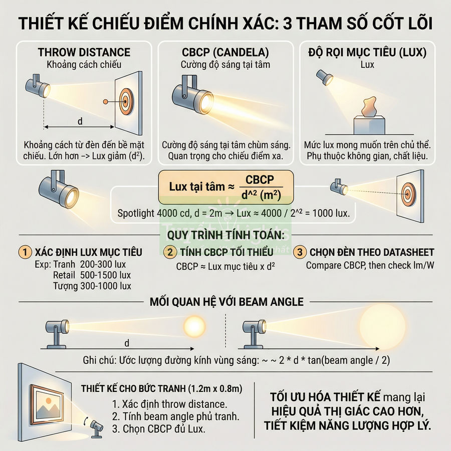 Infographic hướng dẫn thiết kế chiếu điểm với đèn spotlight, giải thích khoảng cách chiếu, cường độ sáng CBCP và độ rọi lux