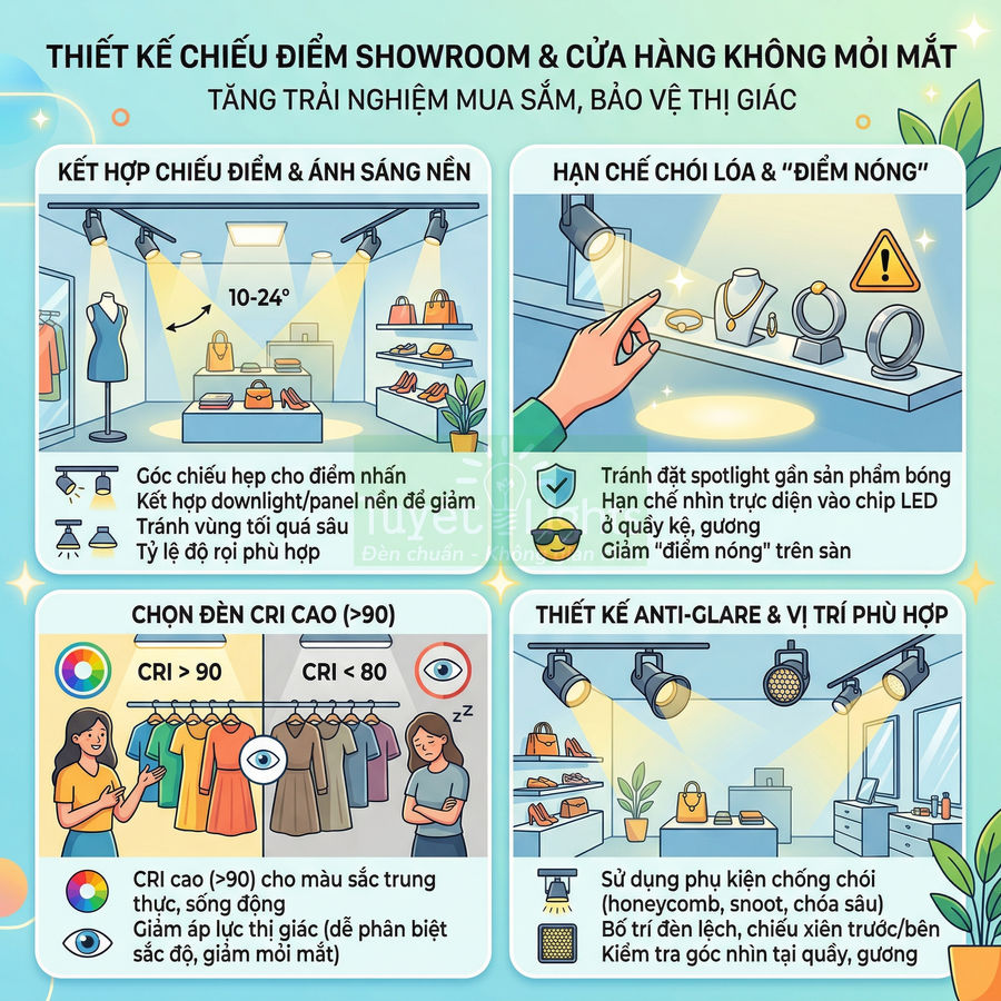 Infographic hướng dẫn thiết kế chiếu điểm showroom và cửa hàng với đèn LED, chống chói, CRI cao bảo vệ thị giác khách mua sắm