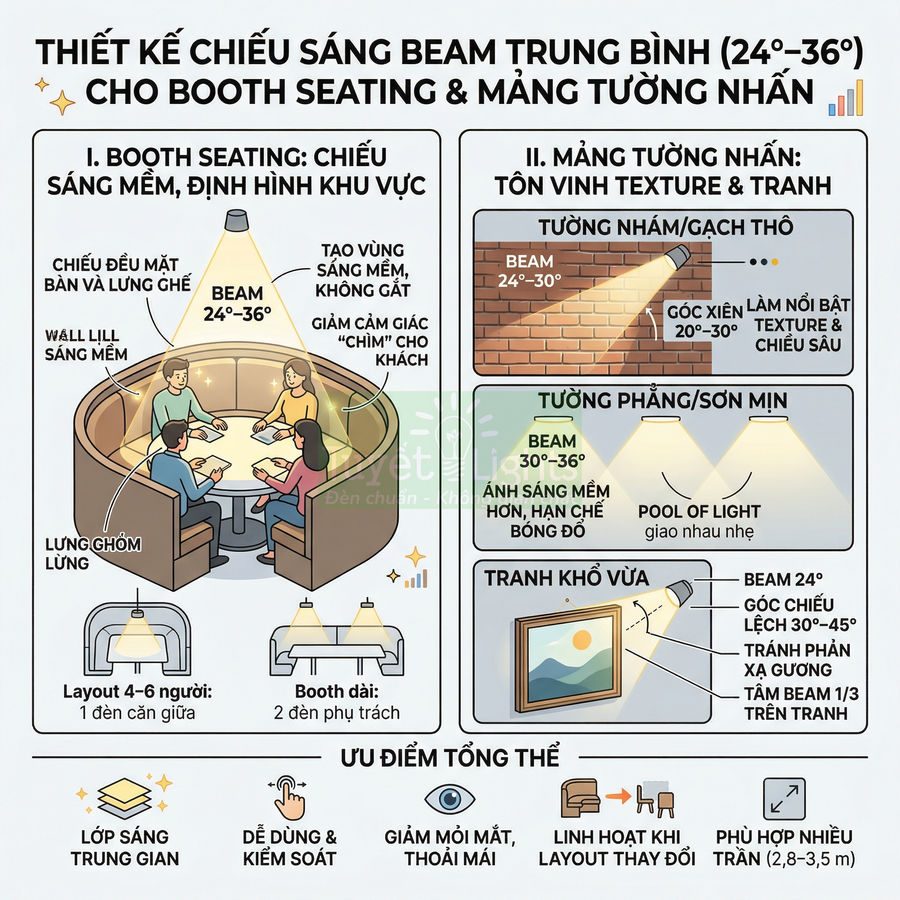 Minh họa thiết kế chiếu sáng beam trung bình cho booth seating nhà hàng và mảng tường nhấn trang trí