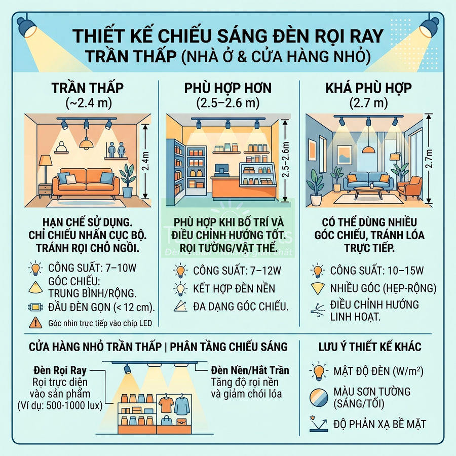 Infographic hướng dẫn thiết kế chiếu sáng đèn rọi ray cho trần thấp nhà ở và cửa hàng nhỏ