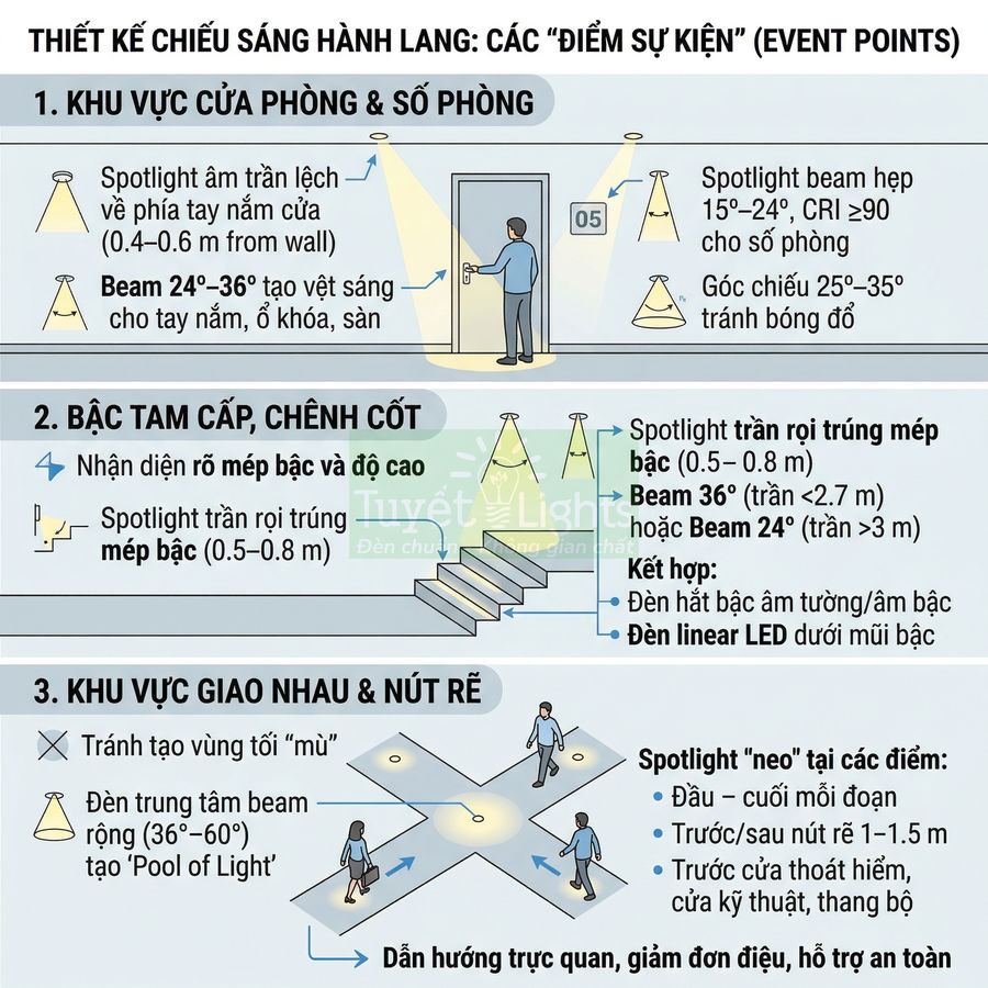Minh họa thiết kế chiếu sáng hành lang bằng đèn spotlight và đèn LED cho cửa phòng, bậc tam cấp và nút rẽ