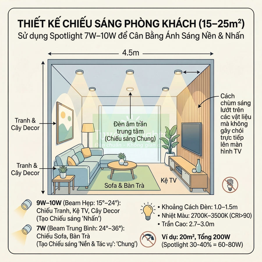 Thiết kế chiếu sáng phòng khách 20m2 với đèn spotlight âm trần chiếu sofa, bàn trà, kệ TV và tranh decor