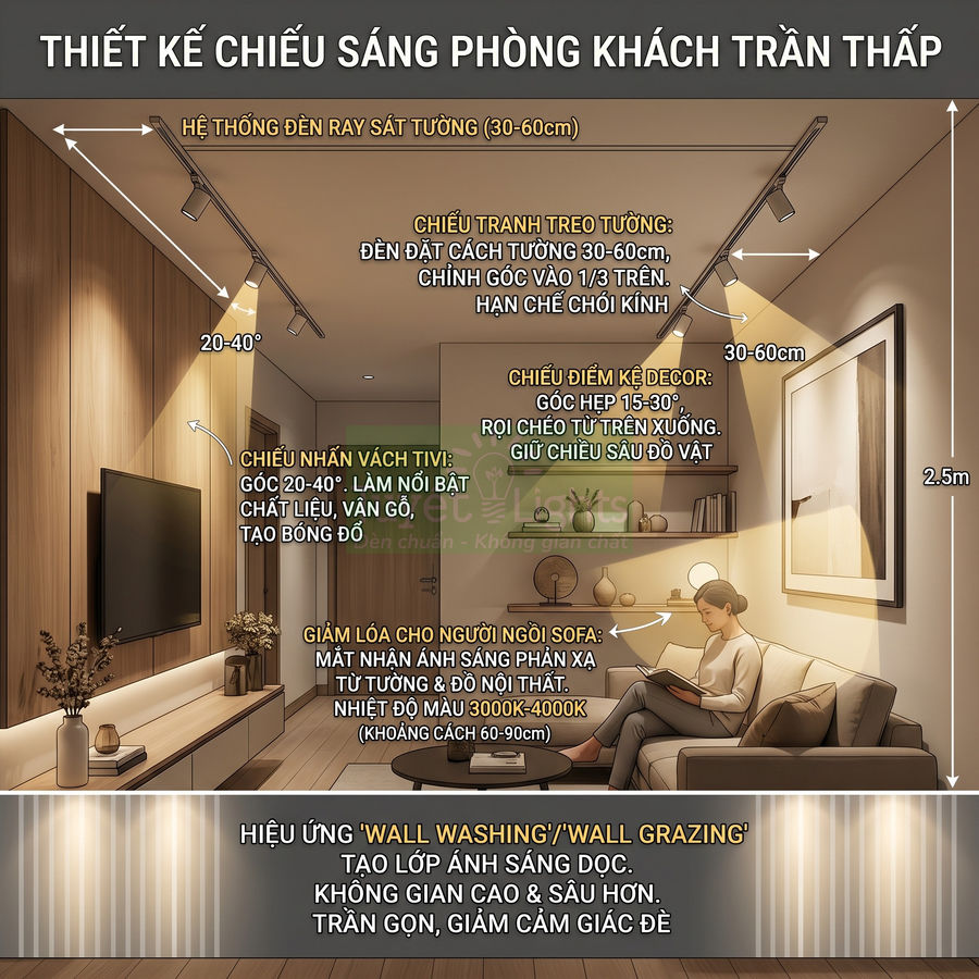 Thiết kế hệ thống đèn ray chiếu sáng phòng khách trần thấp với sofa, kệ trang trí và tranh treo tường