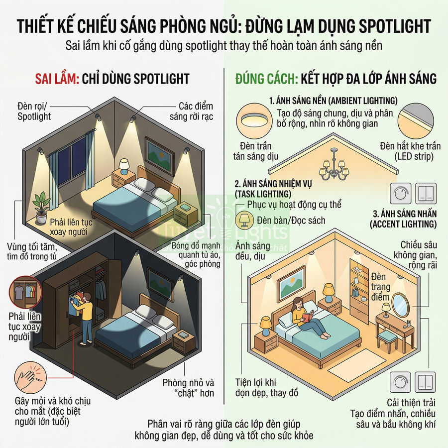 Minh họa cách thiết kế chiếu sáng phòng ngủ đúng chuẩn với đèn trần, đèn bàn và đèn hắt tường