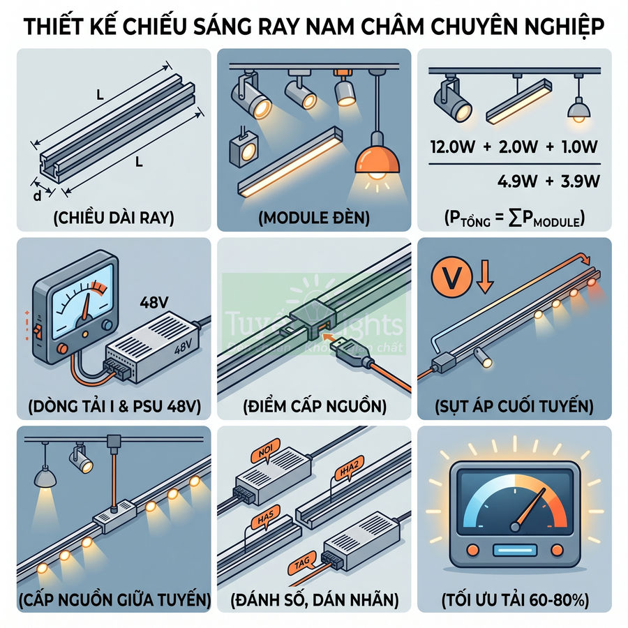 Thiết kế hệ thống chiếu sáng ray nam châm chuyên nghiệp với module đèn và nguồn 48V tối ưu tải