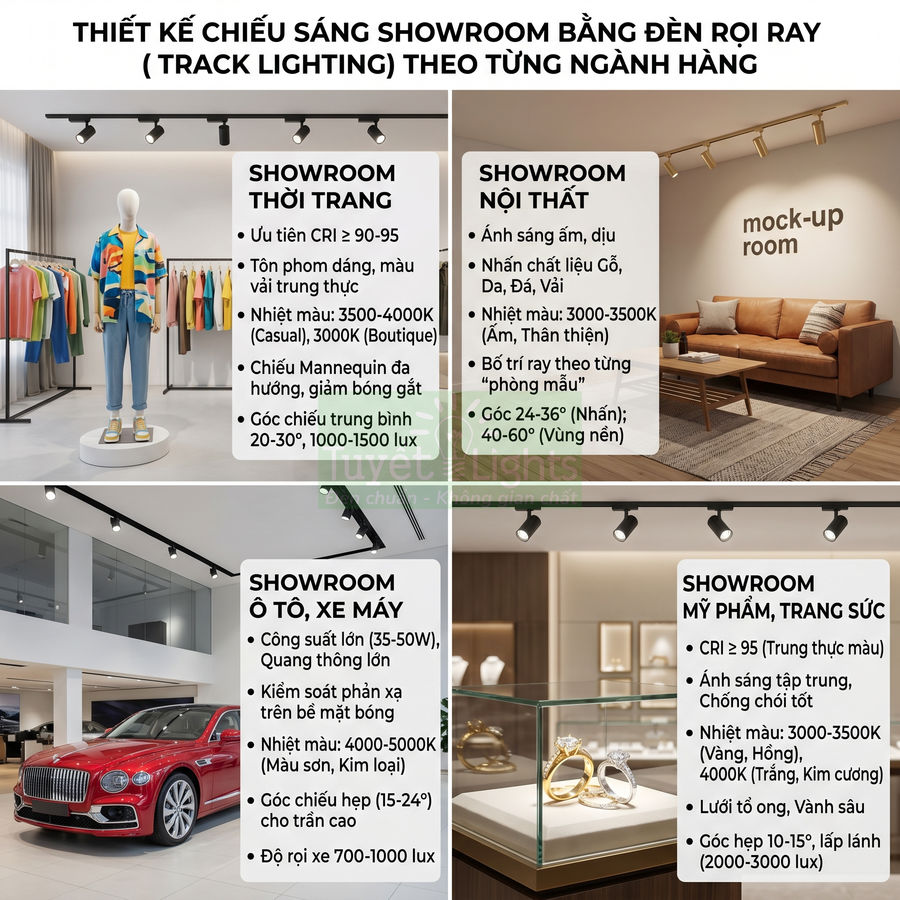 Thiết kế chiếu sáng showroom bằng đèn rọi ray cho thời trang, nội thất, ô tô và mỹ phẩm trang sức