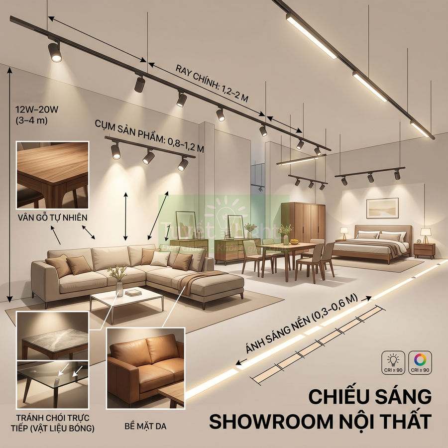 Thiết kế chiếu sáng showroom nội thất với đèn ray, đèn rọi và đèn led hắt cho sofa, bàn ghế, giường ngủ