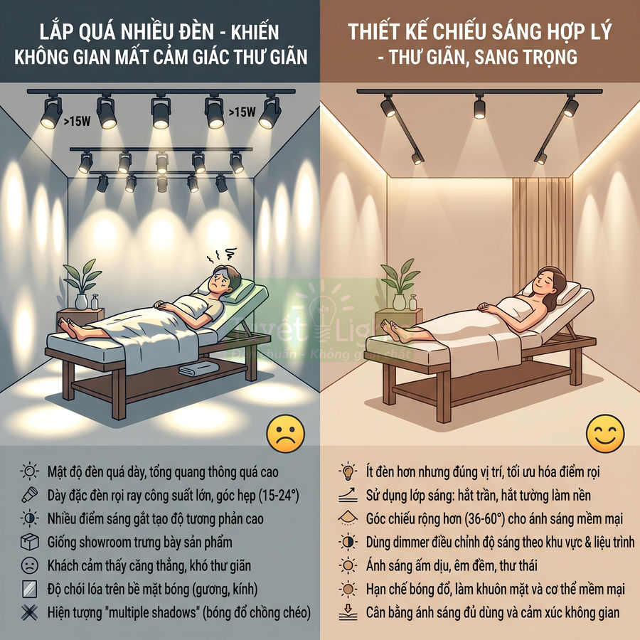 So sánh phòng spa dùng quá nhiều đèn chiếu sáng với phòng spa dùng ít đèn tạo không gian thư giãn