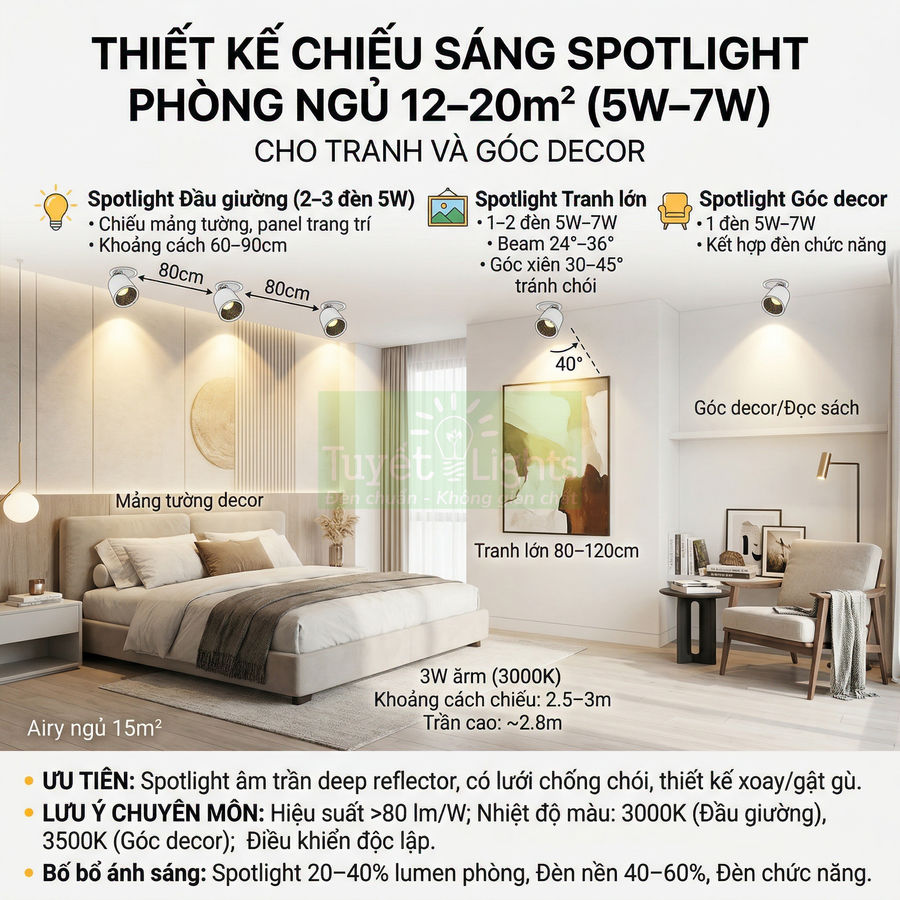 Thiết kế chiếu sáng phòng ngủ 12–20m2 bằng đèn spotlight âm trần cho đầu giường, tranh lớn và góc decor