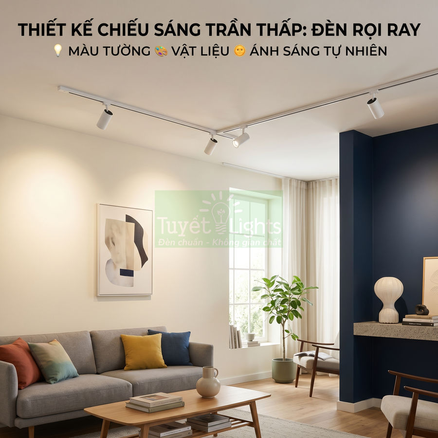 Đèn rọi ray trần Tuyết Lights chiếu sáng phòng khách hiện đại với sofa và bàn gỗ