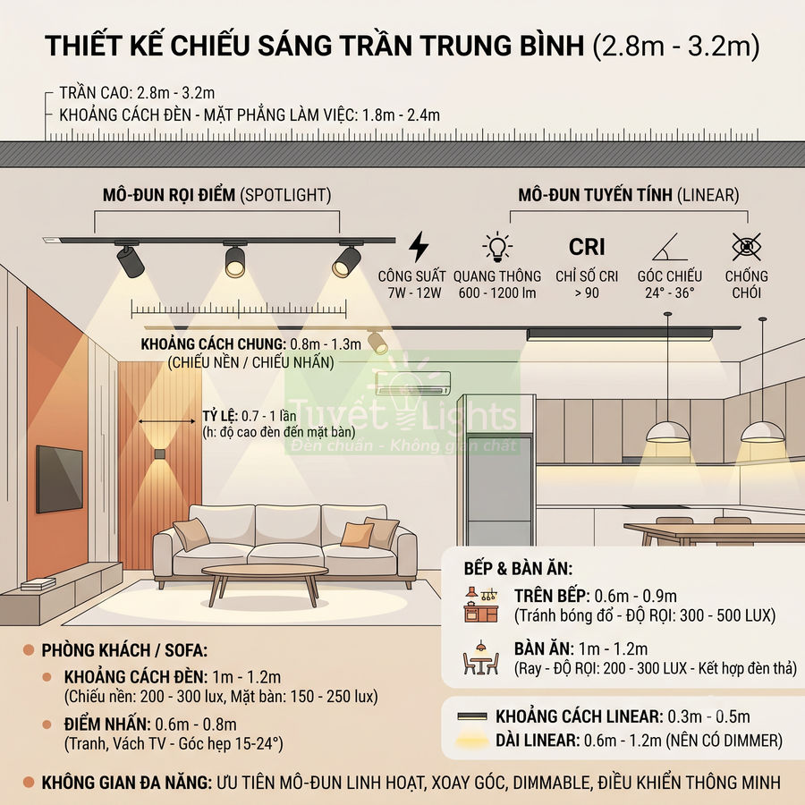 Thiết kế chiếu sáng trần trung bình cho phòng khách và bếp với đèn spotlight và đèn tuyến tính linear